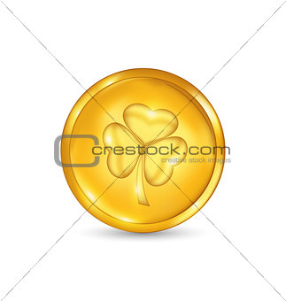 Golden coin with three leaves clover. St. Patrick's day symbol 