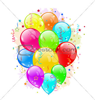 Set party balloons and confetti on white background