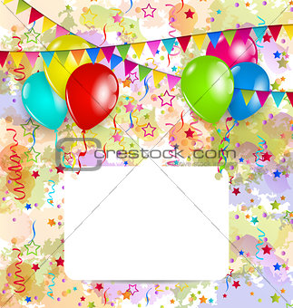 Modern birthday greeting card with balloons and confetti 