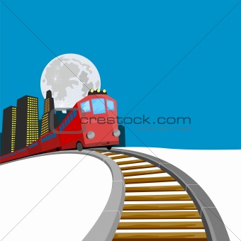 Train coming up with buildings