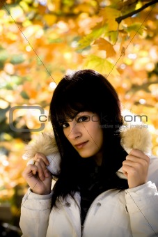 Young model in leaves background