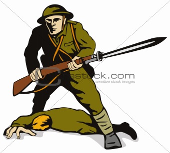 Soldier with bayonet standing over dead comrade