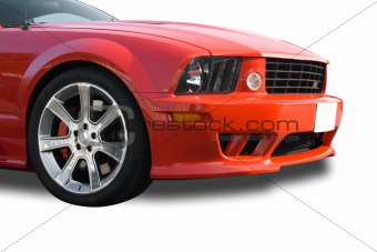 Front of red modern American muscle car on a white background
