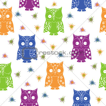 Colourful owl and stars seamless pattern