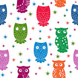 Multicolour owl and stars seamless pattern