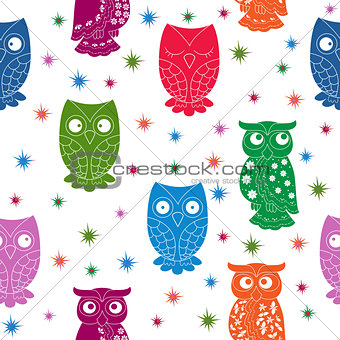 Multicolour owl and stars seamless pattern