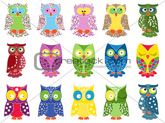 Set of fifteen colourful owls