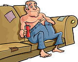 Cartoon man sitting on a couch with a beer