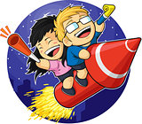 Cartoon of Boy & Girl Riding New Year Firework