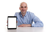 man presenting something on a tablet computer