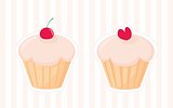 Sweet vector cupcakes silhouettes with red cherry and heart on top isolated on pink strip background