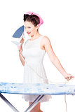 Pin up woman providing steam clean ironing service