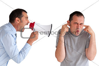 boss yelling at a subordinate megaphone
