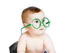 Little baby boy in the big funny glasses. isolated on white back