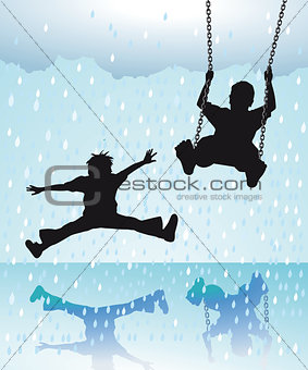 Children playing in the rain