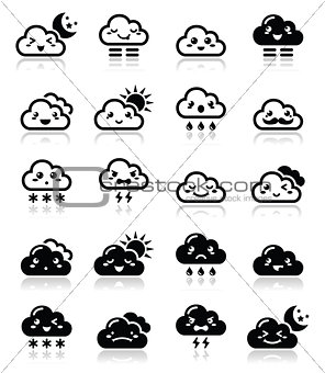 Cute cloud - Kawaii, Manga black icons with different expressions - happy, sad, angry