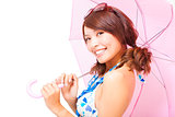 young woman holding a umbrella. isolated on a white background