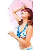 young woman raise hand to cover sunlight with a umbrella
