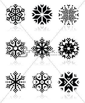 Snowflakes icon set on black and white background