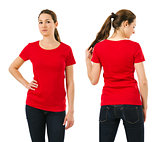 Serious woman wearing blank red shirt