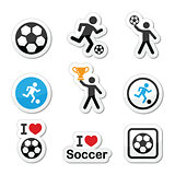 I love football or soccer, man kicking ball vector icons set