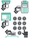 ATM keypad and POS-Terminal - simple icons of hand with credit card