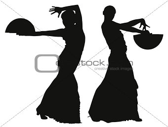 Two black silhouettes of female flamenco dancer