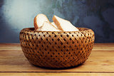 Slices of bread in wicker basket