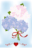 Bouquet of hydrangea flowers and green leaves with red heart 