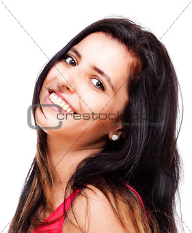Young Woman with Long Black Hair Smiling 