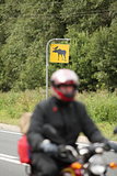 motorcyclist on a background road sign
