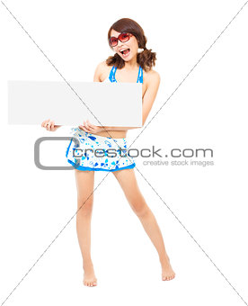 happy sunshine woman standing and holding a board 