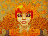 Grunge autumn girl with leaves