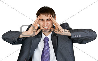 businessman in a gray suit with a headache in the studio
