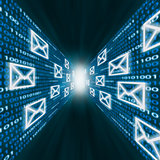 E-mail icons flying along walls of binary code