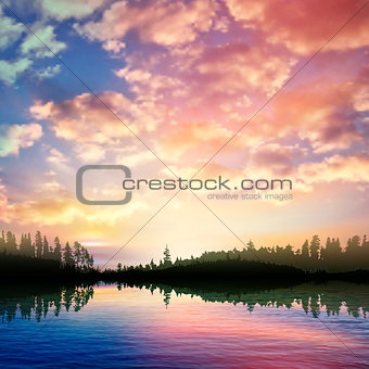 abstract nature background with sunrise on forest lake and cloud