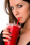 Girl Sipping on Red Food Fruit Smoothie