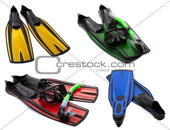 Set of multicolored flippers, mask, snorkel for diving with wate