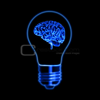 light bulb sign with brain over black background