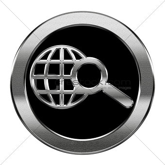 globe and magnifier icon silver, isolated on white background.