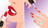 Vector illustration of red lipstick and nail polish. Make-up twice illustration.