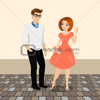 Young man and woman meet in the street to have a date