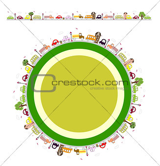 Cartoon round background with houses, trees, cars