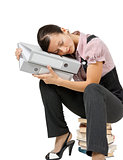 woman sleeping on the books. Tired office worker