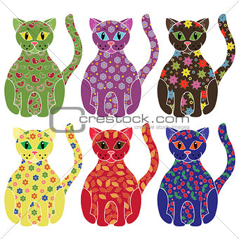 Set of six colorful funny cats over white