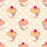 Seamless pattern or tile texture with cherry and hearts cupcakes and white polka dots on pink background
