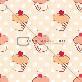 Seamless pattern or tile texture with cherry and hearts cupcakes and white polka dots on pink background