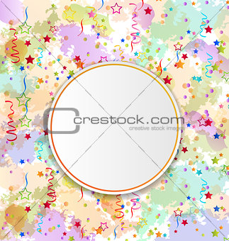 Confetti holiday card on grunge colorful backdrop