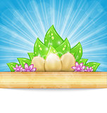 Easter background with eggs, leaves, flowers