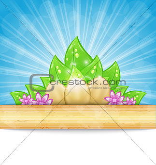 Easter background with eggs, leaves, flowers